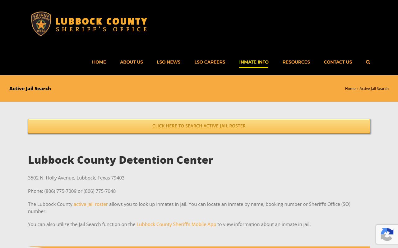 Lubbock County inmate population sheriff active jail search page